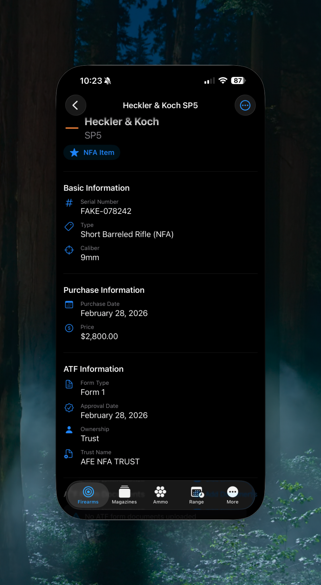 iPhone — NFA item detail with ATF form type, approval date, and trust info